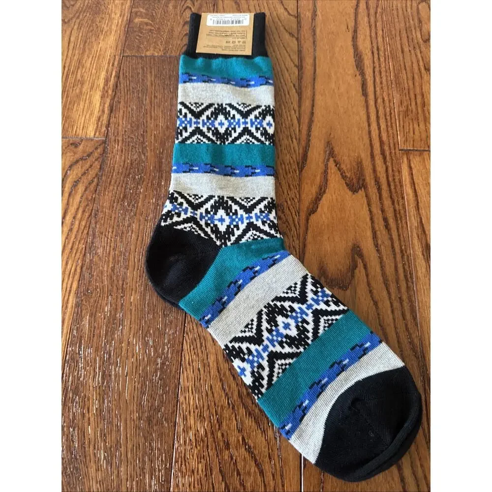 Florsheim Shoe Company Mens Fair Isle Geometric Crew‎ Socks Teal Blue Black 8-13